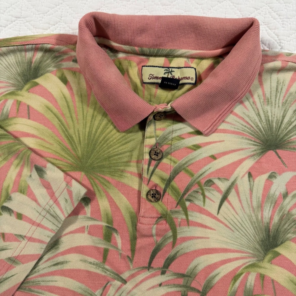 Tommy Bahama Mens XL Silk Cotton Polo Shirt Pink Green Palm Leaf Tropical Print